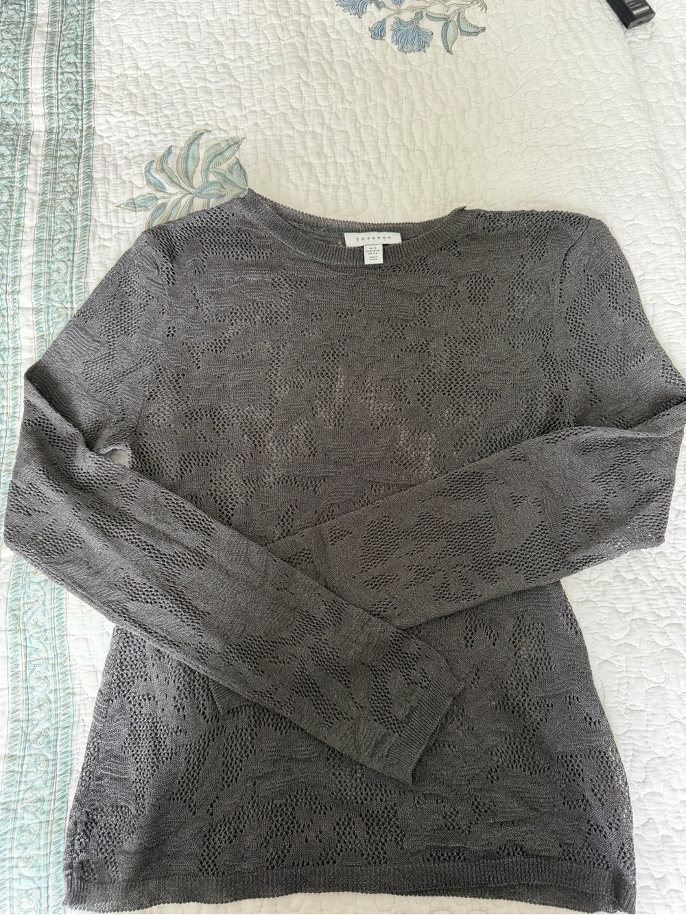 Topshop Gray Openwork Crewneck Sweater